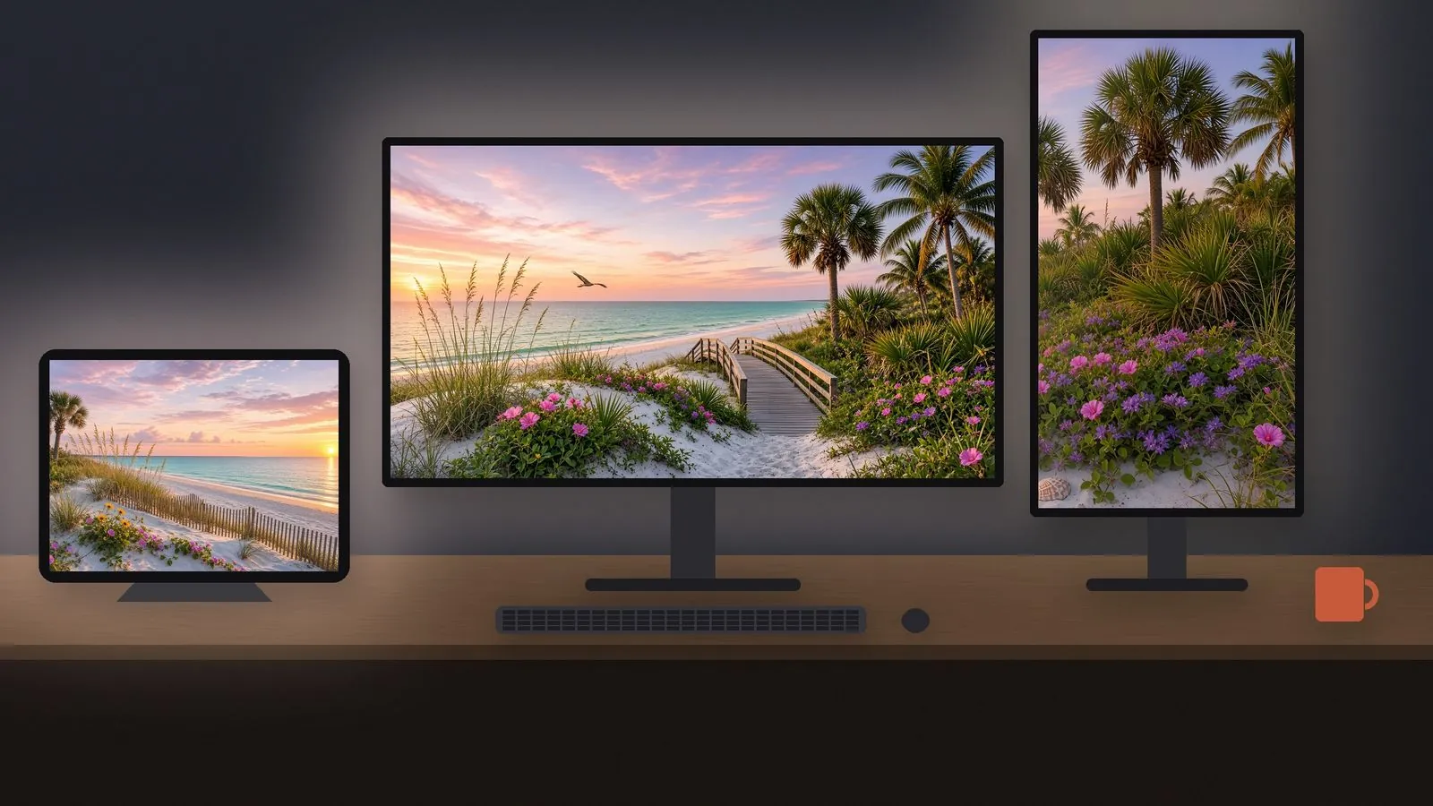 Florida Sunset wallpaper set shown across an iPad, a landscape monitor, and a vertical monitor on a dark desk